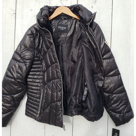 GUESS Shiny Womens Size XL BLACK Quilted Full Zip Pockets Puffer Jacket NEW - Picture 9 of 13